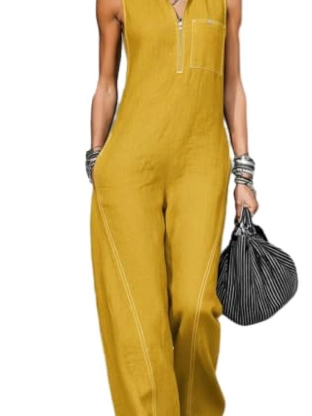 Sleeveless Mustard Wide-Leg Jumpsuit with Front Zip